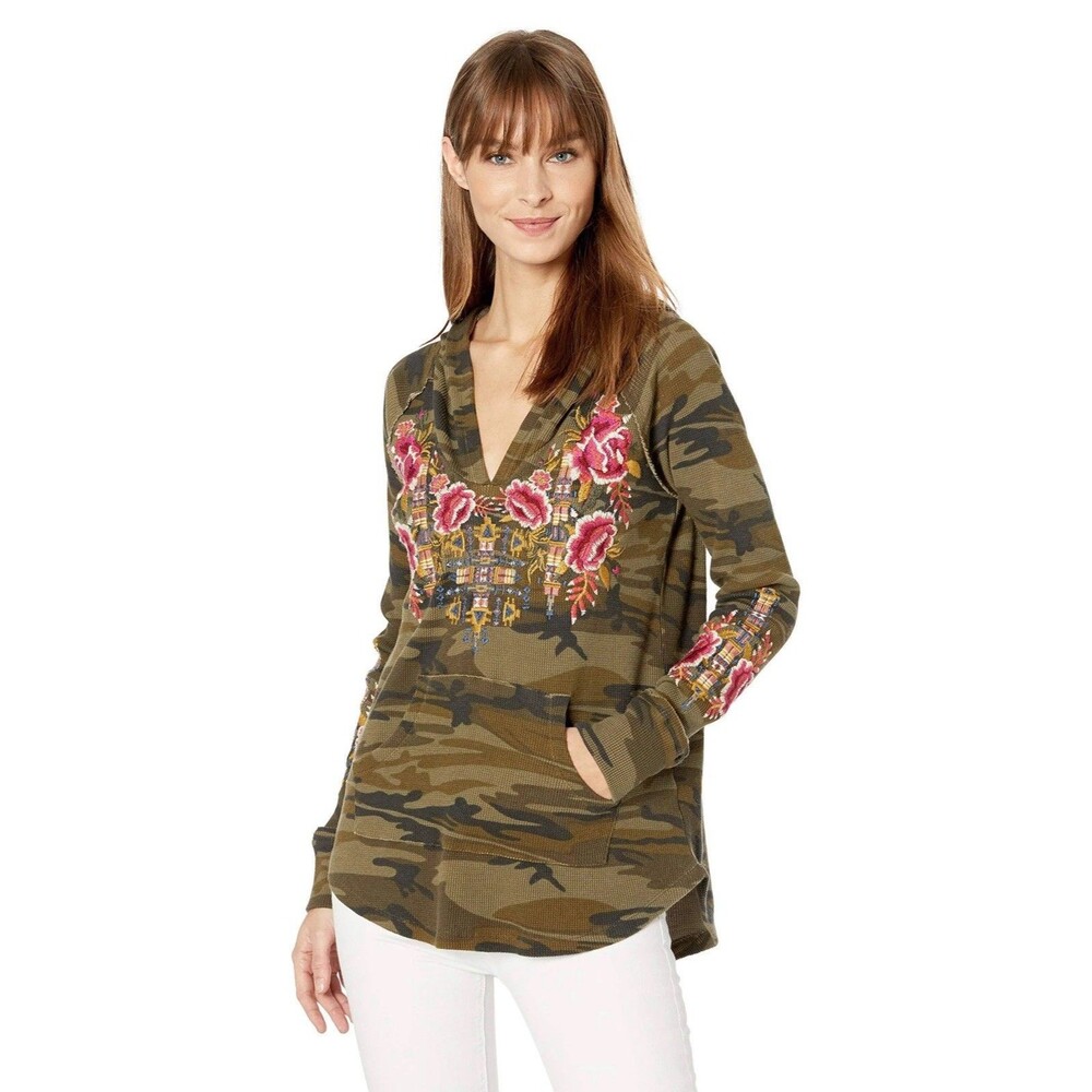 Johnny Was Axton Camo Floral Embroidered Thermal Hoodie Womens Sz Smal Pullover